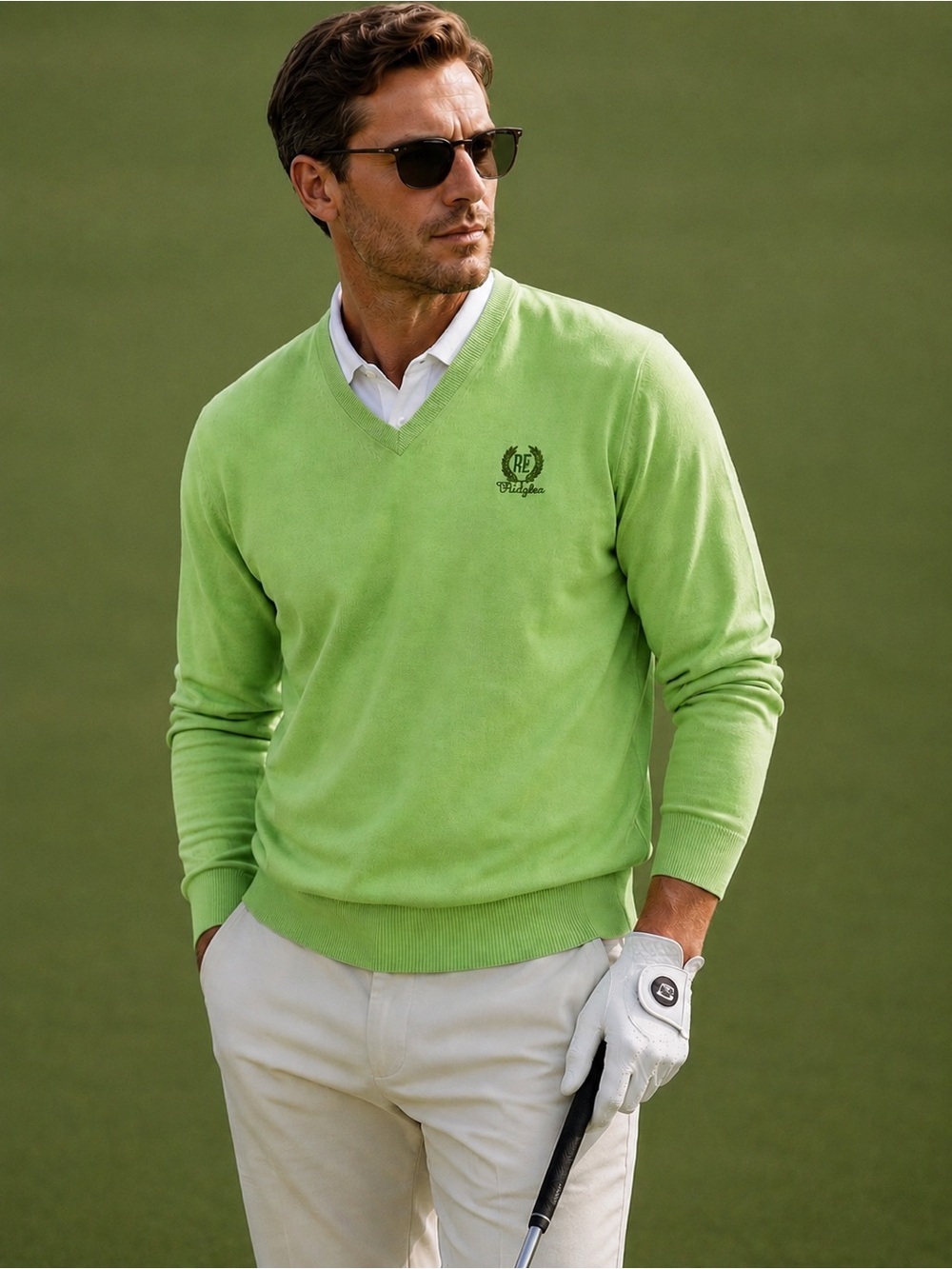 Oxford Golf Ridglea Men’s V-Neck Cotton Golf Sweater – Size L – Lime Green